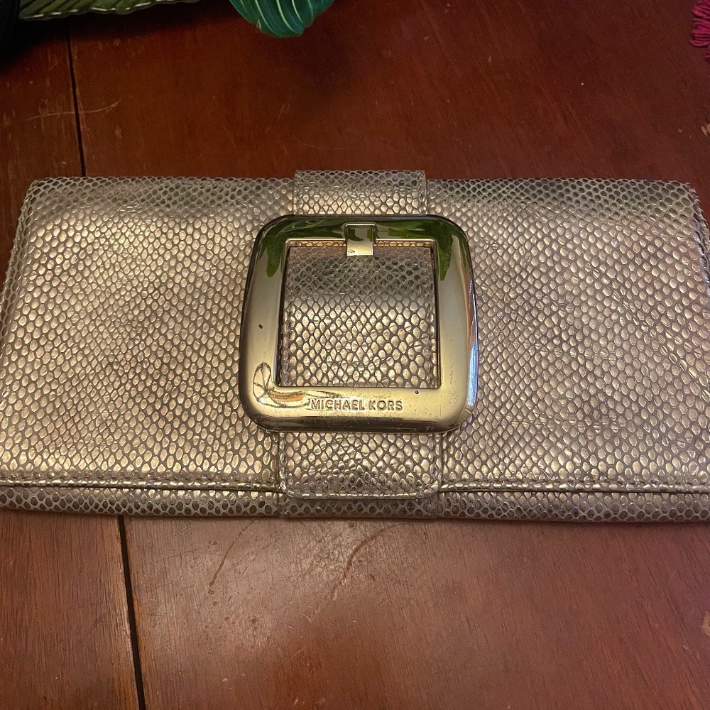Michael Kors Gold Metallic Leather Buckle Clutch